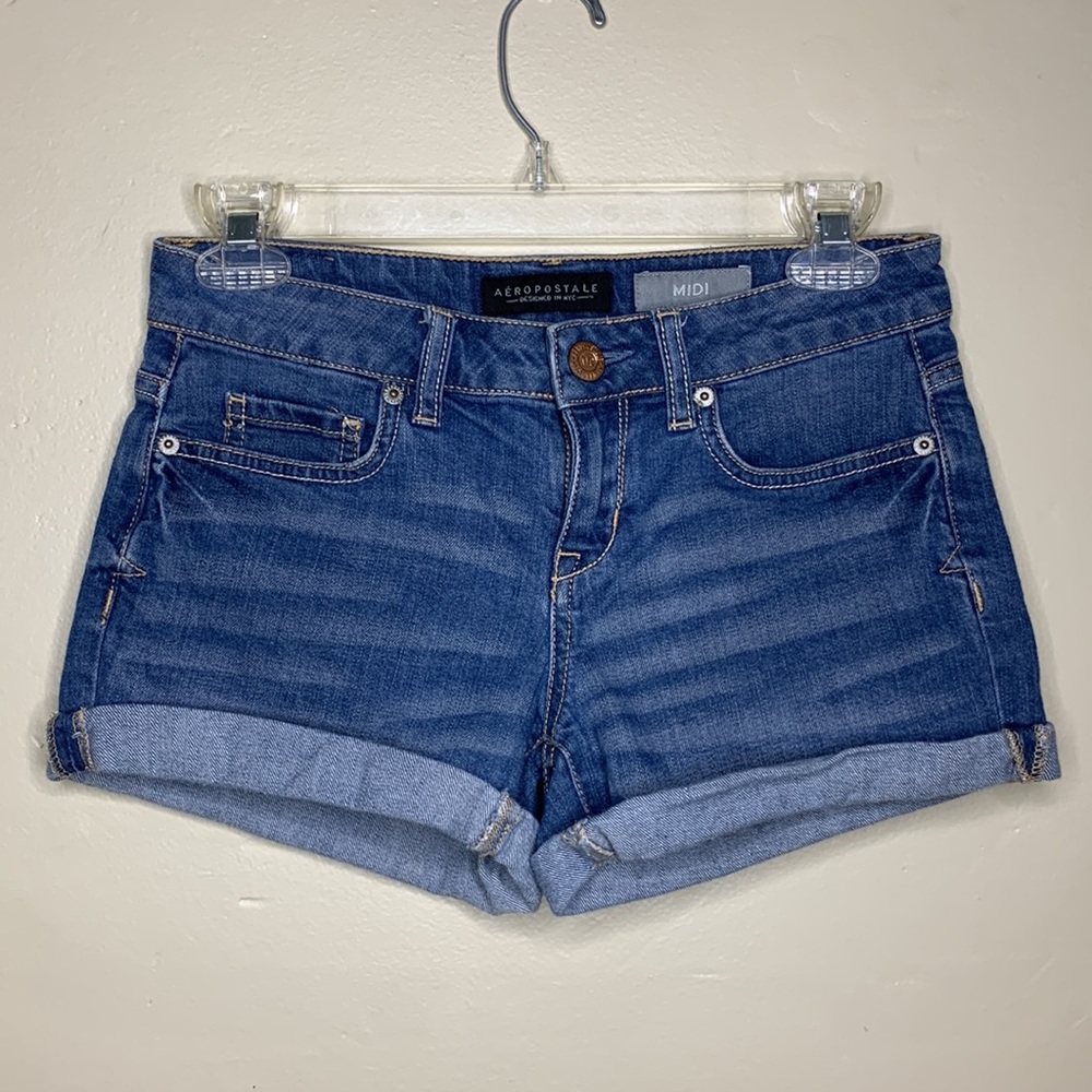 AEROPOSTALE Jean Shorts MIDI Cuffed Whiskered 5 Pocket Size 0 Reg